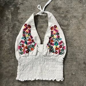 Embroidered Halter Top - White with Multicolor Floral Design size Large